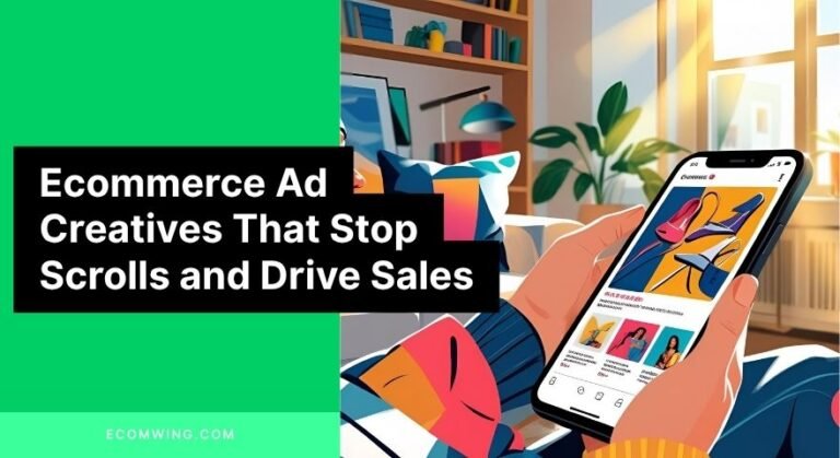 Illustration of a phone user stopping mid-scroll at bold Ecommerce Ad Creatives that grab attention within 3 seconds.