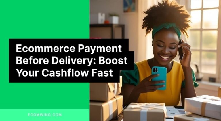 Nigerian ecommerce owner smiling at phone as prepaid orders roll in, showing Ecommerce payment before delivery in action.