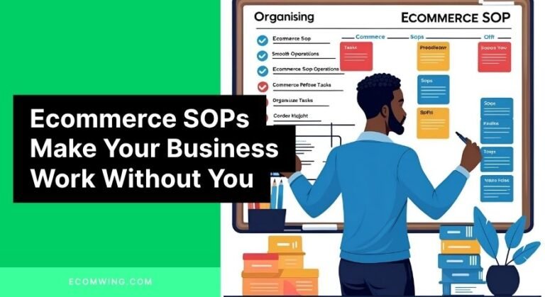 Flat illustration of Nigerian ecommerce owner organising tasks on a whiteboard, highlighting Ecommerce SOPs for smooth, hands-off operations.