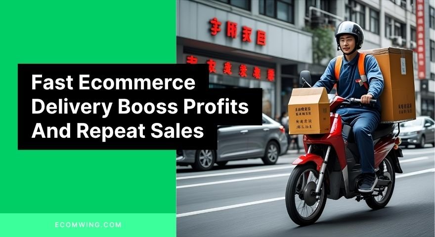 Courier on motorcycle zipping through city streets, symbolising fast Ecommerce delivery commitment to customers.