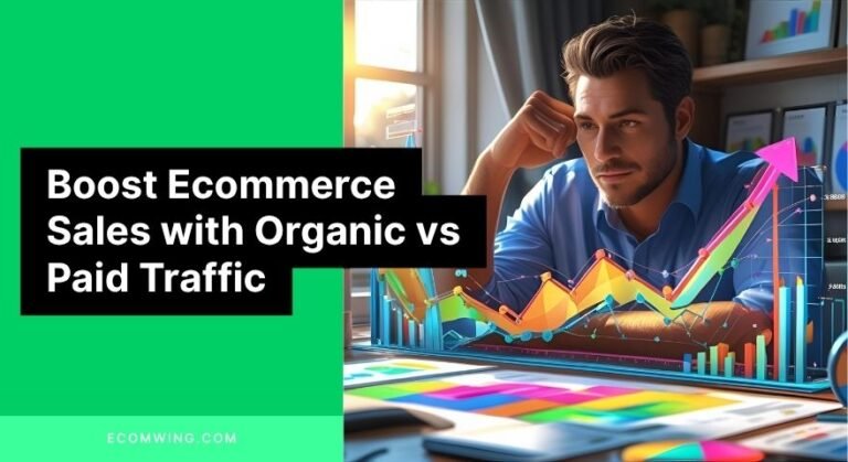 Illustration of an Ecommerce owner balancing Organic vs Paid Traffic channels on a scale to grow sales.