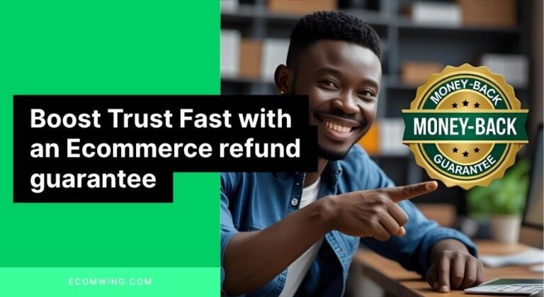 Smiling Nigerian seller pointing at a money-back badge on a product page, illustrating Ecommerce refund guarantee for online shoppers.