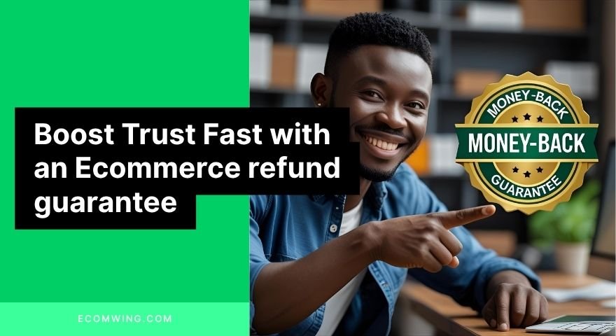 Smiling Nigerian seller pointing at a money-back badge on a product page, illustrating Ecommerce refund guarantee for online shoppers.