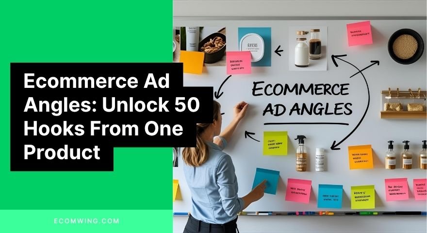 Marketer brainstorming Ecommerce Ad Angles on whiteboard with product photos and sticky notes