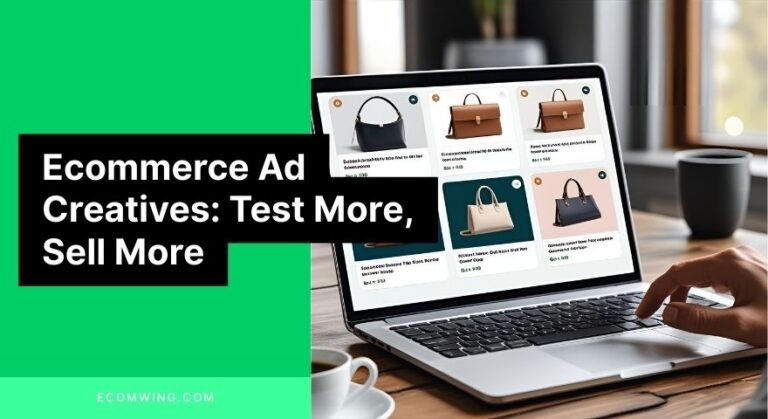 Marketer testing multiple Ecommerce Ad Creatives on a laptop, comparing hooks to find the top-performing ad.
