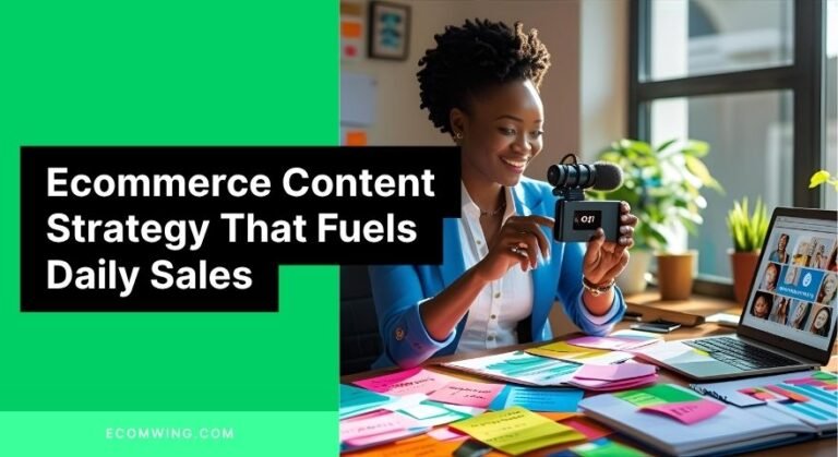 Nigerian entrepreneur filming social media posts, applying Ecommerce content strategy steps at laptop