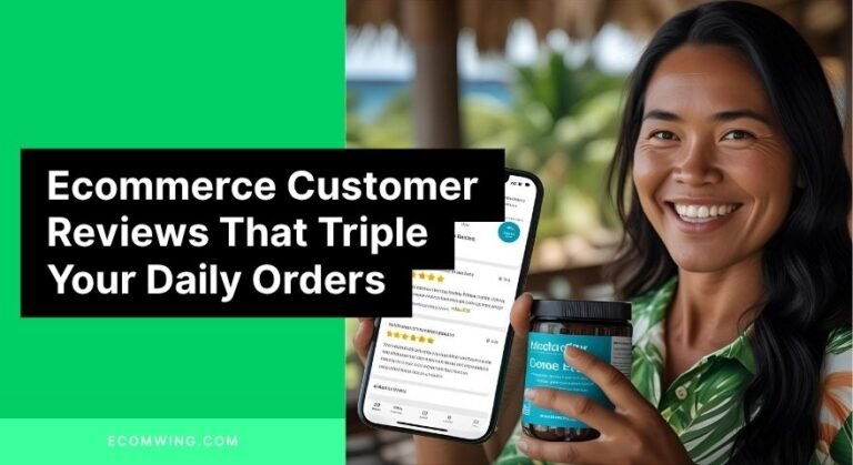 Happy customer holding product while showing phone screenshot of Ecommerce customer reviews proving real results