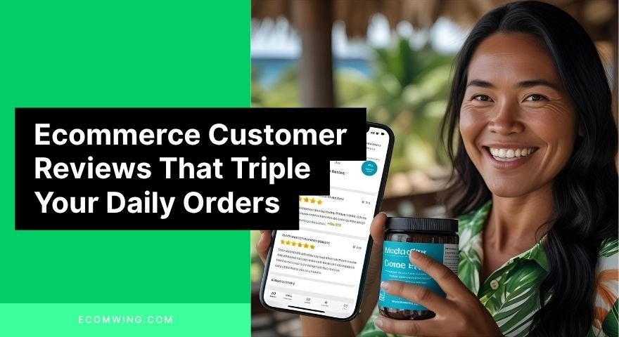 Happy customer holding product while showing phone screenshot of Ecommerce customer reviews proving real results