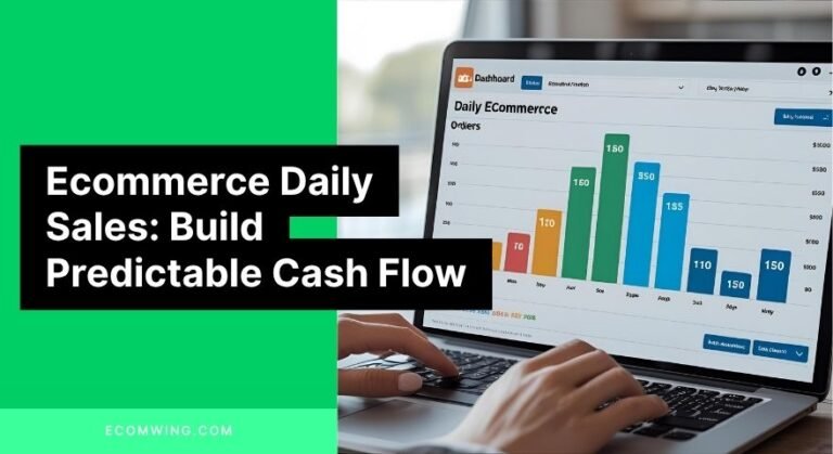 Dashboard showing daily Ecommerce daily sales orders growing from 5 to 150 per month on a laptop screen