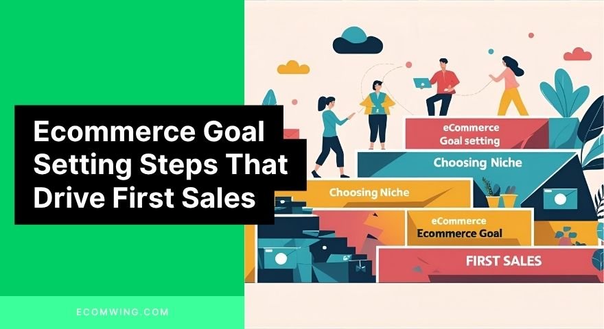 Illustration of a staircase showing step-by-step Ecommerce goal setting journey from choosing niche to first sales