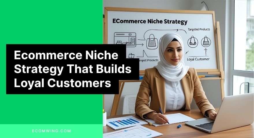 Entrepreneur shaping Ecommerce niche strategy on laptop with whiteboard, mapping targeted products and loyal customer avatars.