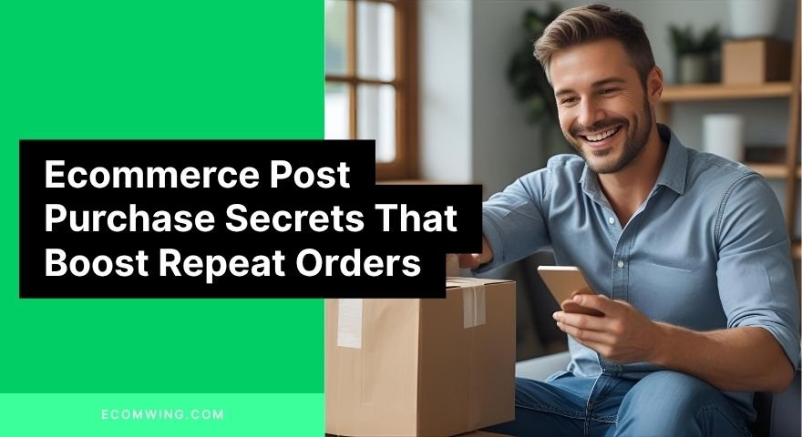 Happy customer receiving parcel and texting thanks—perfect example of Ecommerce post purchase experience done right.