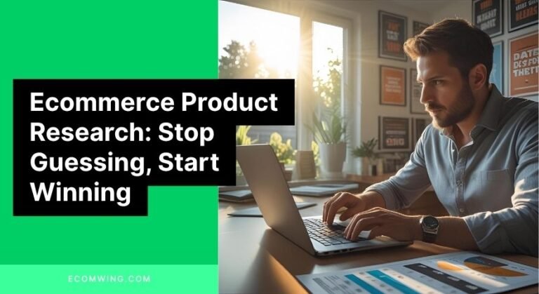 Entrepreneur using ad spy tool to validate demand and pricing on laptop, illustrating Ecommerce product research workflow.