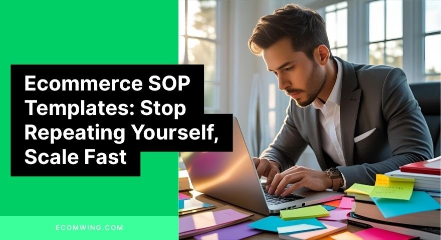 Entrepreneur using laptop to create Ecommerce SOP Templates library for customer replies