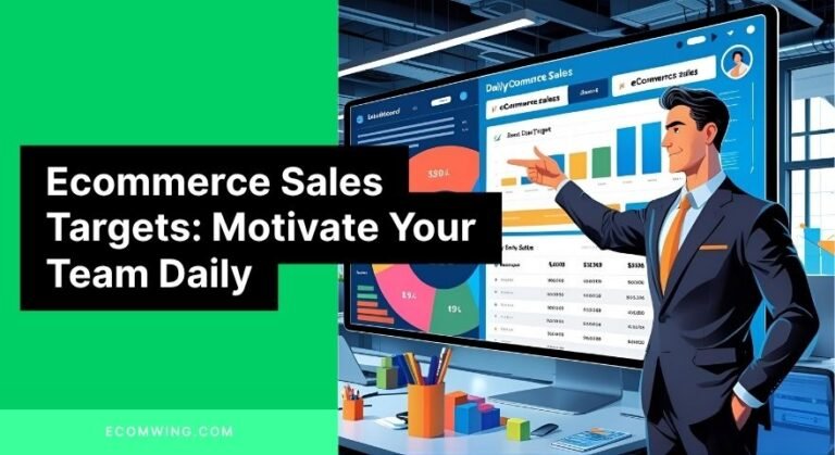 Manager pointing at dashboard of daily Ecommerce sales targets on office screen.