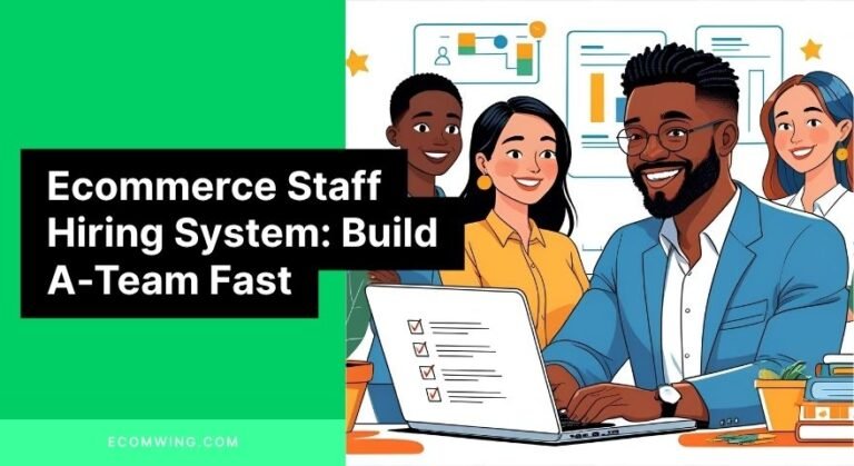 Illustration of a happy Nigerian founder onboarding new employees using an Ecommerce staff hiring checklist on a laptop