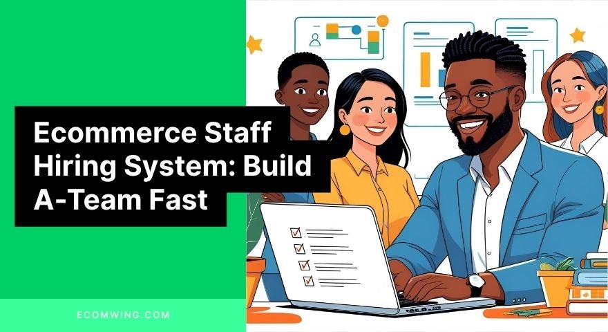 Illustration of a happy Nigerian founder onboarding new employees using an Ecommerce staff hiring checklist on a laptop