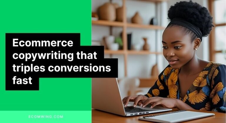 Young Nigerian seller typing Ecommerce copywriting lines on laptop, imagining customer pain and relief visuals.