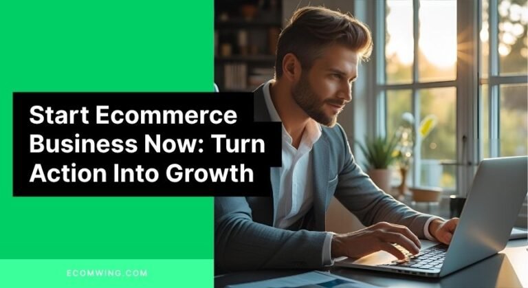 Entrepreneur taking first action at laptop to Start Ecommerce Business and build momentum.