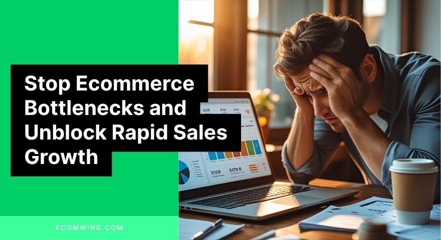 Frustrated owner checking analytics dashboard to identify Ecommerce bottlenecks blocking sales flow