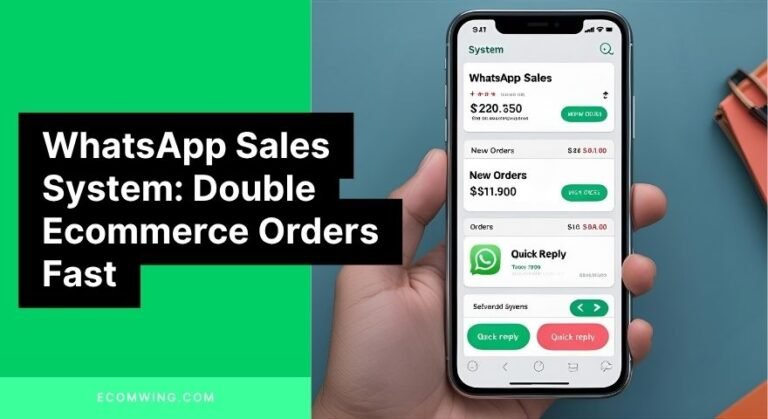 Smartphone displaying WhatsApp Sales System dashboard with new orders and quick reply buttons