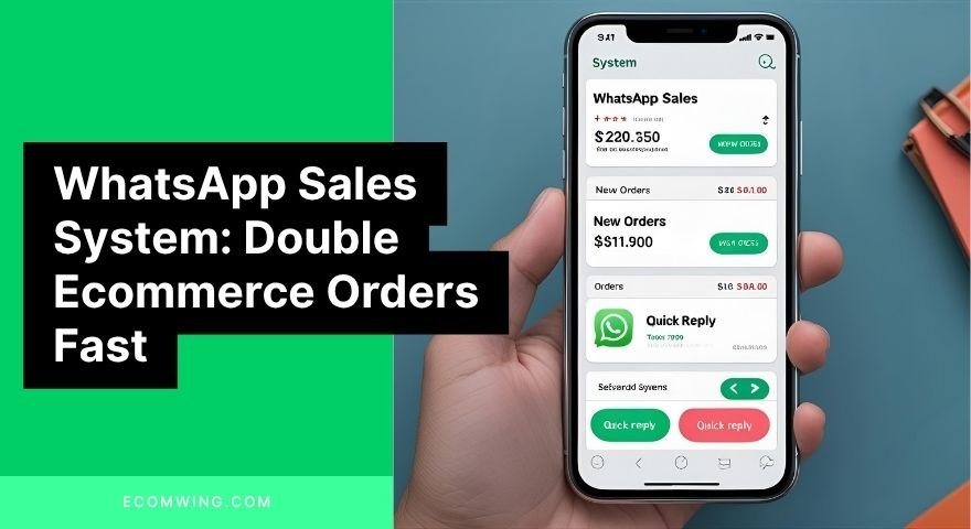 Smartphone displaying WhatsApp Sales System dashboard with new orders and quick reply buttons