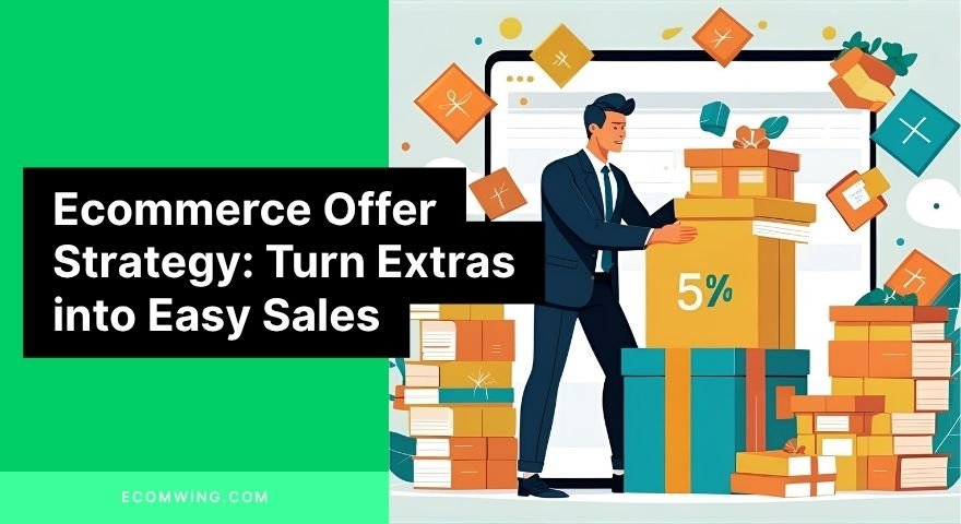 Illustration of an entrepreneur stacking irresistible bonuses around a product box to show an Ecommerce Offer Strategy