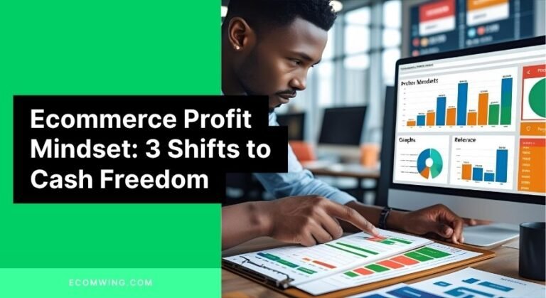 Person checking profit spreadsheet beside ecommerce dashboard, illustrating Ecommerce profit mindset over revenue hype.