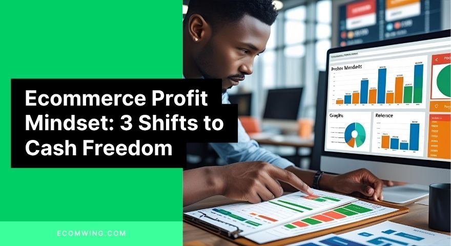 Person checking profit spreadsheet beside ecommerce dashboard, illustrating Ecommerce profit mindset over revenue hype.