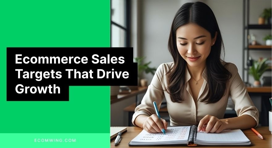 Entrepreneur calculating daily numbers with Ecommerce sales targets written on notebook