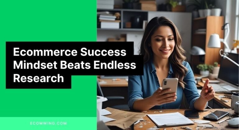 Entrepreneur launching ad from phone, showing Ecommerce Success Mindset through action despite messy workspace
