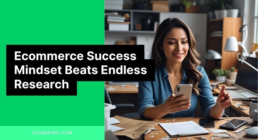 Entrepreneur launching ad from phone, showing Ecommerce Success Mindset through action despite messy workspace
