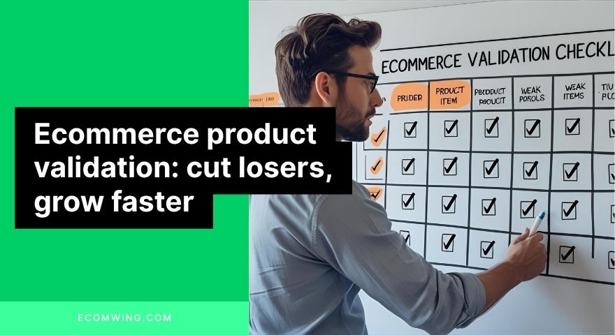 Founder reviewing metrics and cutting a weak item — Ecommerce product validation checklist on a whiteboard