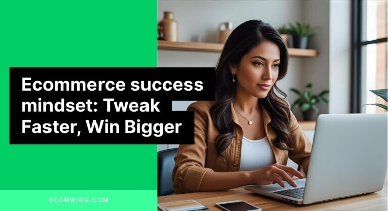 Entrepreneur studies ad stats on laptop, showing Ecommerce success mindset of relentless tweaking to boost sales.