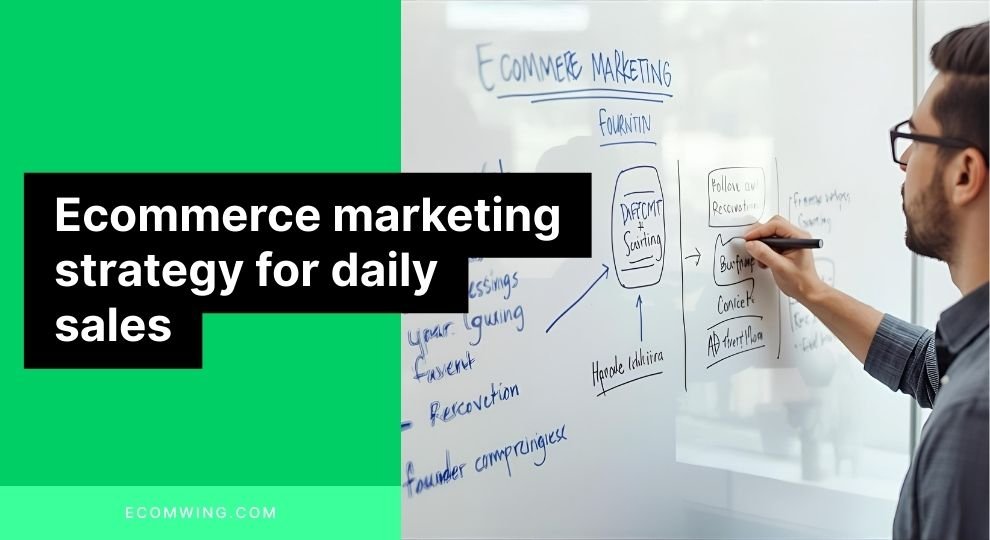 Founder mapping Ecommerce marketing strategy on whiteboard: ad targeting, customer words, and follow-up flow
