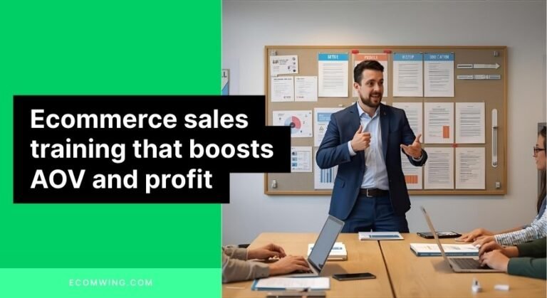 Sales team roleplay with scripts and incentive board showing Ecommerce sales training for upsells and objection handling.