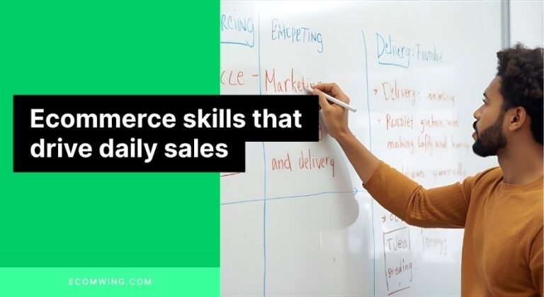 Founder mapping Ecommerce skills across sourcing, marketing, sales, and delivery on a whiteboard