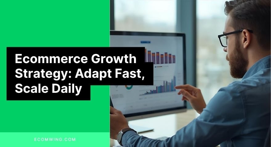 Entrepreneur reviewing trend dashboards and ad stats—Ecommerce growth strategy for adapting fast, testing small, and scaling what works.