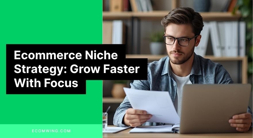 Founder reviewing one product line and audience notes while planning an Ecommerce niche strategy