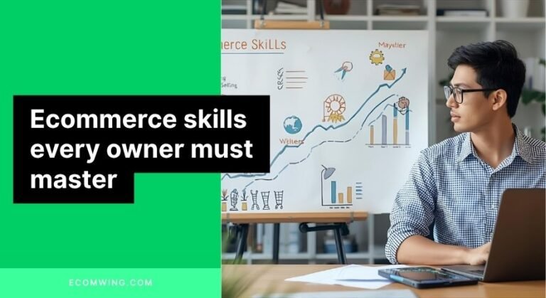 Entrepreneur mapping Ecommerce skills roadmap on laptop, highlighting marketing, selling, delivery, and growth steps