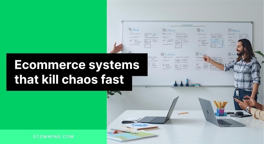 Ecommerce systems board showing SOP checklists and team roles for predictable scaling