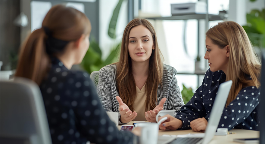 Sales team practicing Ecommerce objection handling scripts during roleplay session in a small online business office.