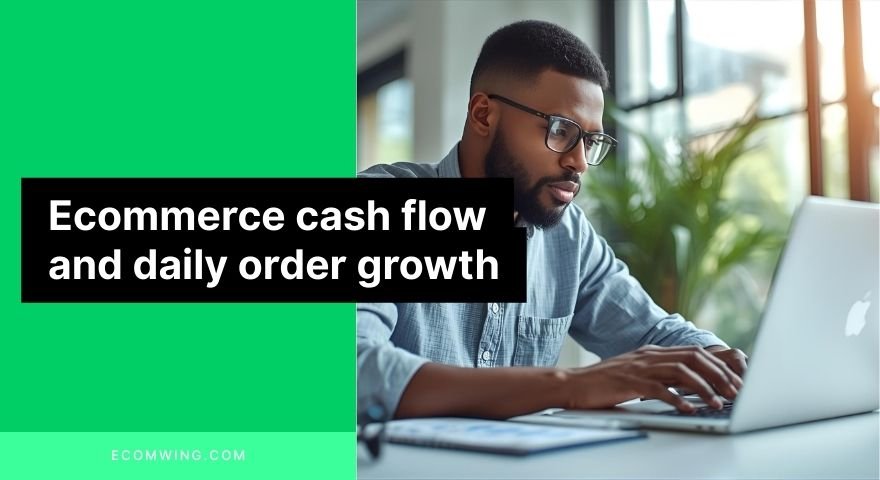 Illustration of a Nigerian Ecommerce owner tracking Ecommerce cash flow, daily orders and reinvestment on a laptop dashboard.