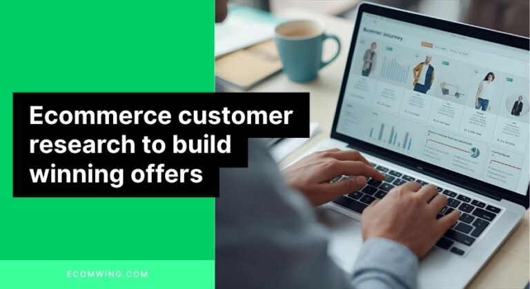 Founder doing Ecommerce customer research on a laptop, mapping buyer journey and reading survey responses.