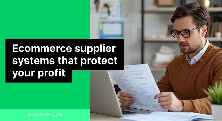 Ecommerce owner reviewing Ecommerce supplier systems checklist and backup supplier list on a laptop in a small office.