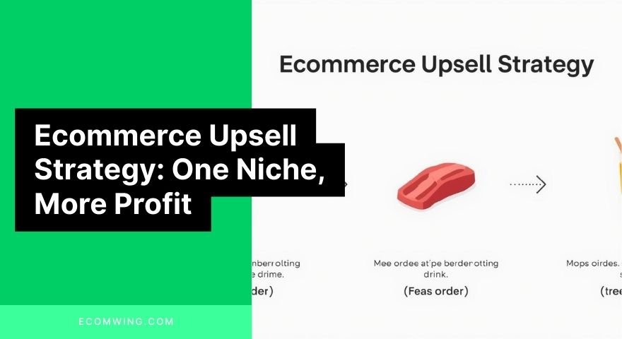 Ecommerce Upsell Strategy graphic showing base order and add-ons like plantain, meat, and drink to increase order value.