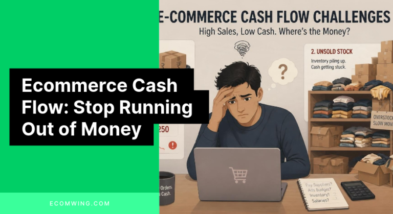 Ecommerce Cash Flow illustration showing trapped delivery payments, unsold stock, and a low business bank balance